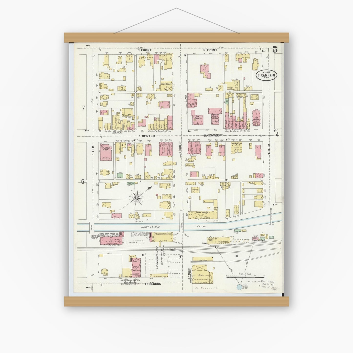 Old map wall art mockup — magnetic wood frame on white wall — Sanborn Fire Insurance Map from Franklin, Warren County, Ohio (1898), Sheet #0005