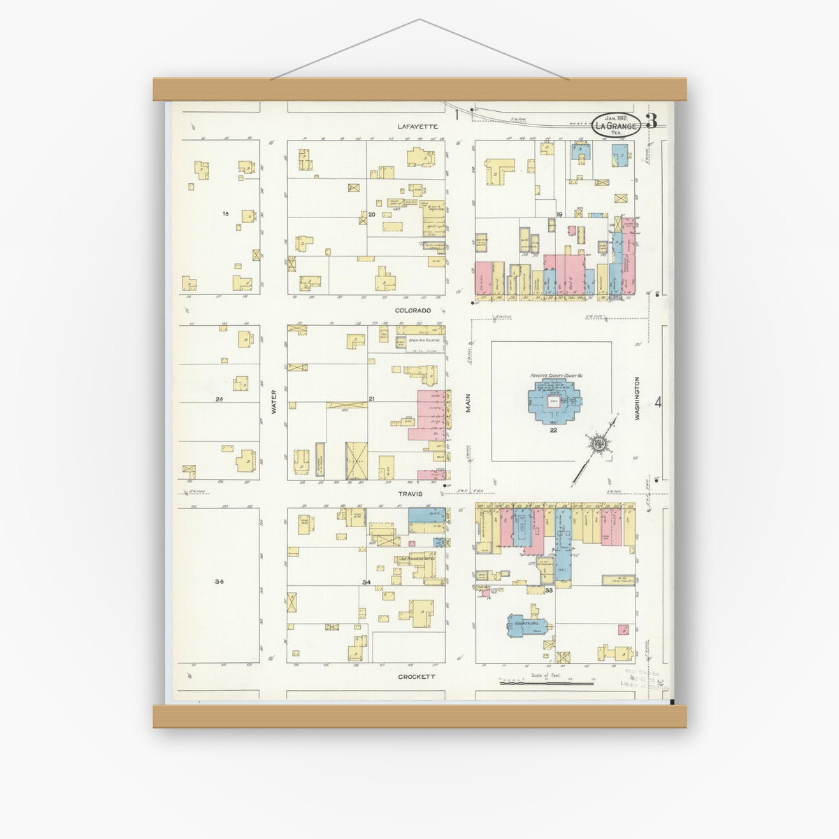 Old map wall art mockup — magnetic wood frame on white wall — Sanborn Fire Insurance Map from La Grange, Fayette County, Texas (1912), Sheet #0003