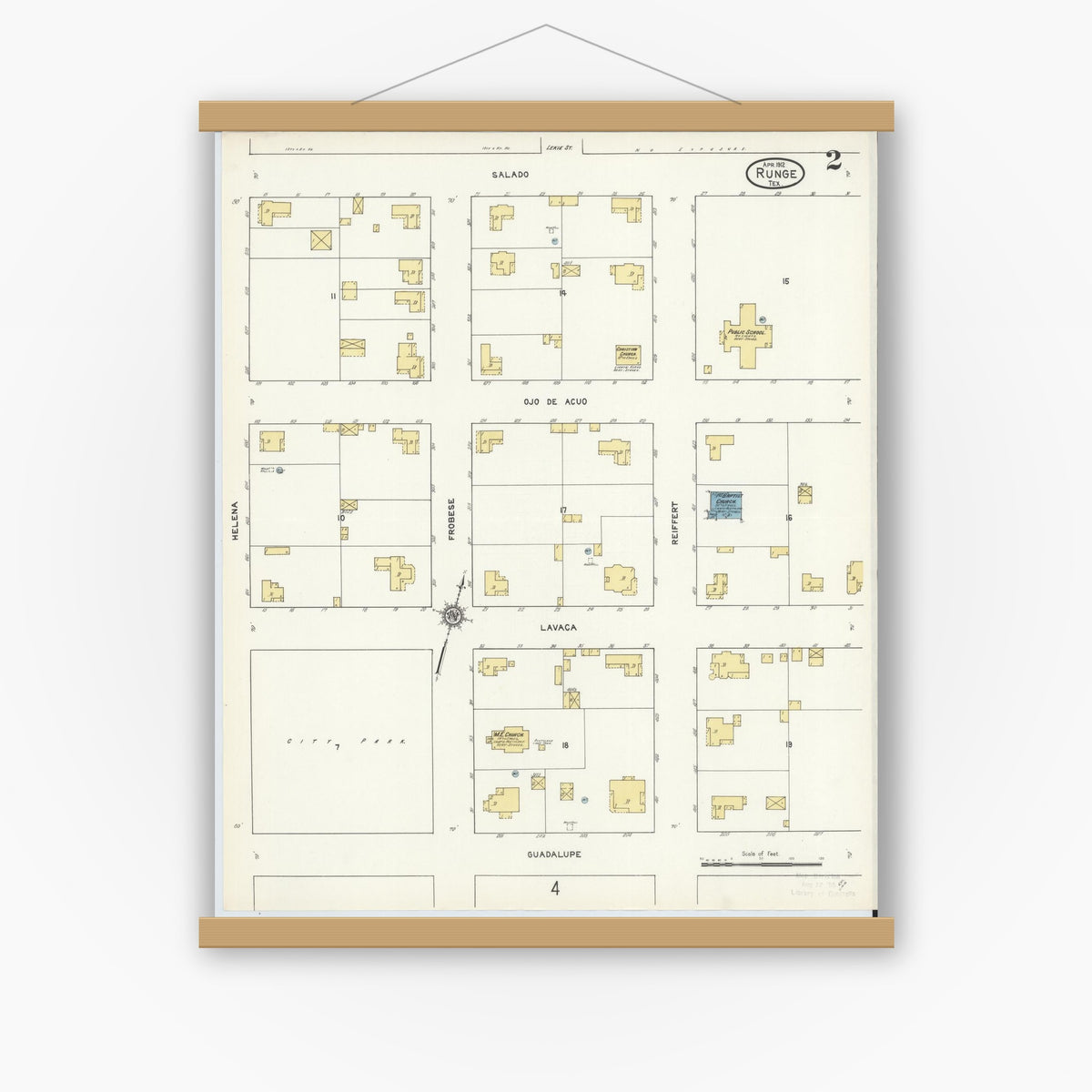 Old map wall art mockup — magnetic wood frame on white wall — Sanborn Fire Insurance Map from Runge, Karnes County, Texas (1912), Sheet #0002