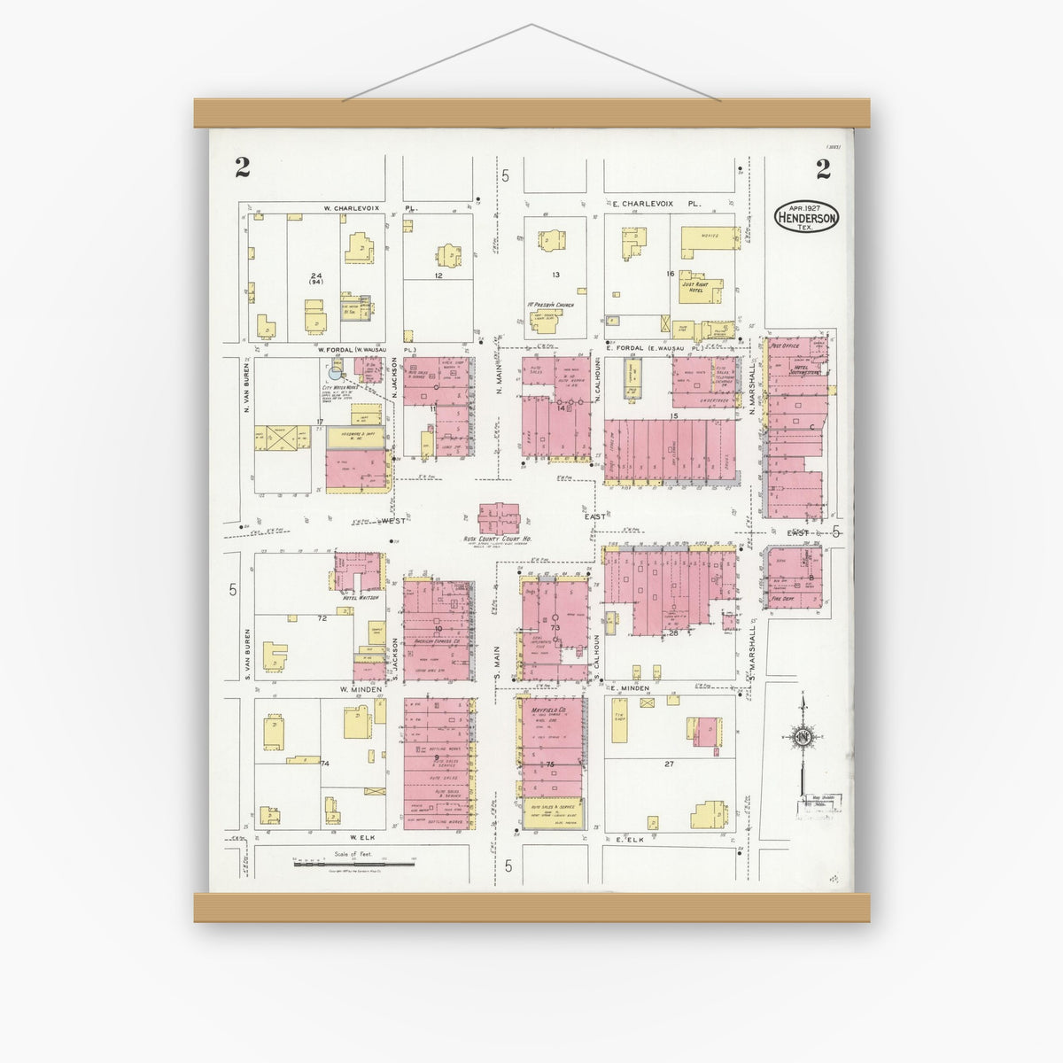 Old map wall art mockup — magnetic wood frame on white wall — Sanborn Fire Insurance Map from Henderson, Rusk County, Texas (1927), Sheet #0002
