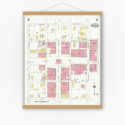 Old map wall art mockup — magnetic wood frame on white wall — Sanborn Fire Insurance Map from Henderson, Rusk County, Texas (1927), Sheet #0002