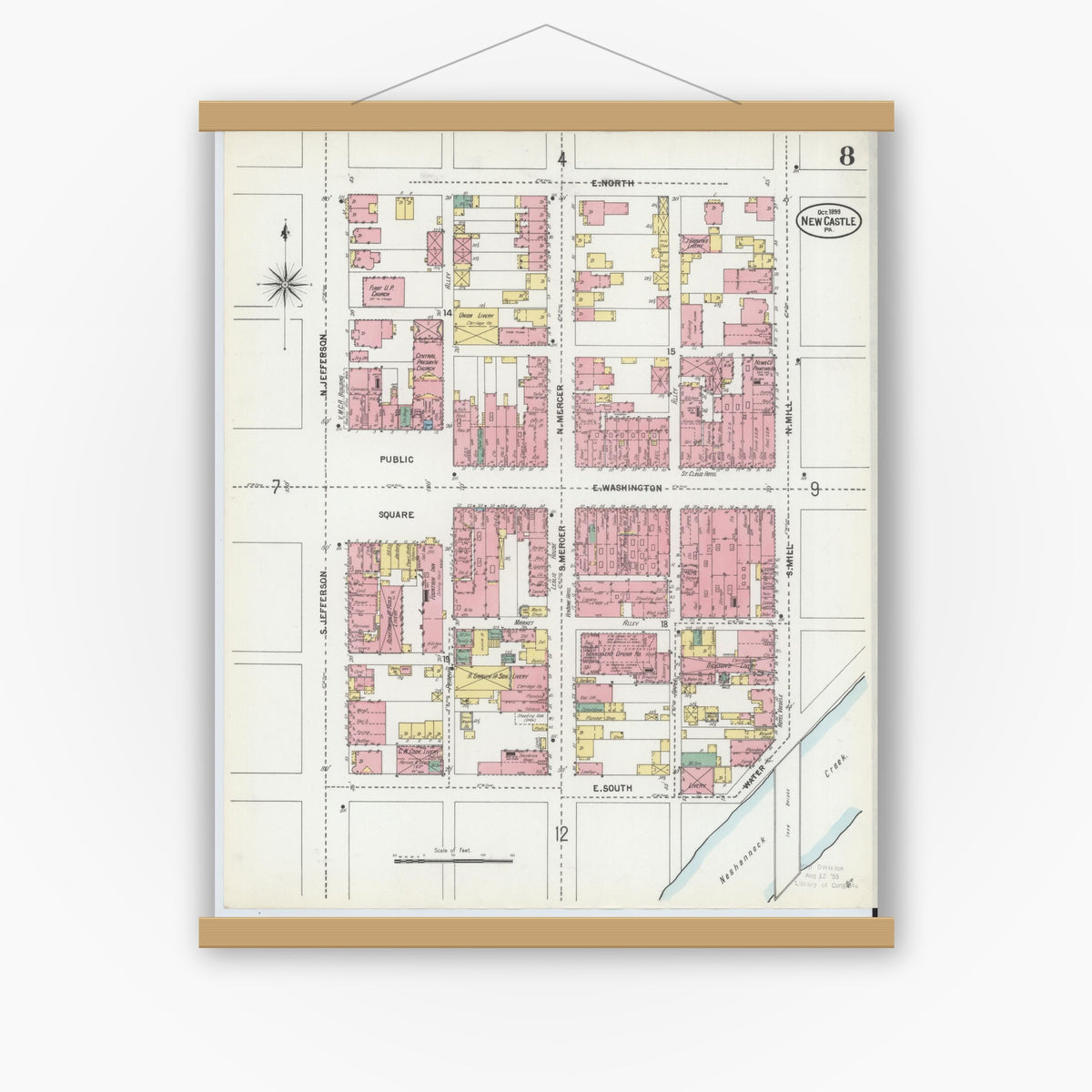 Old map wall art mockup — magnetic wood frame on white wall — Sanborn Fire Insurance Map from New Castle, Lawrence County, Pennsylvania (1899), Sheet #0008