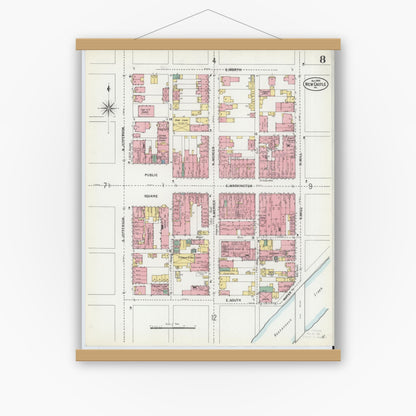 Old map wall art mockup — magnetic wood frame on white wall — Sanborn Fire Insurance Map from New Castle, Lawrence County, Pennsylvania (1899), Sheet #0008