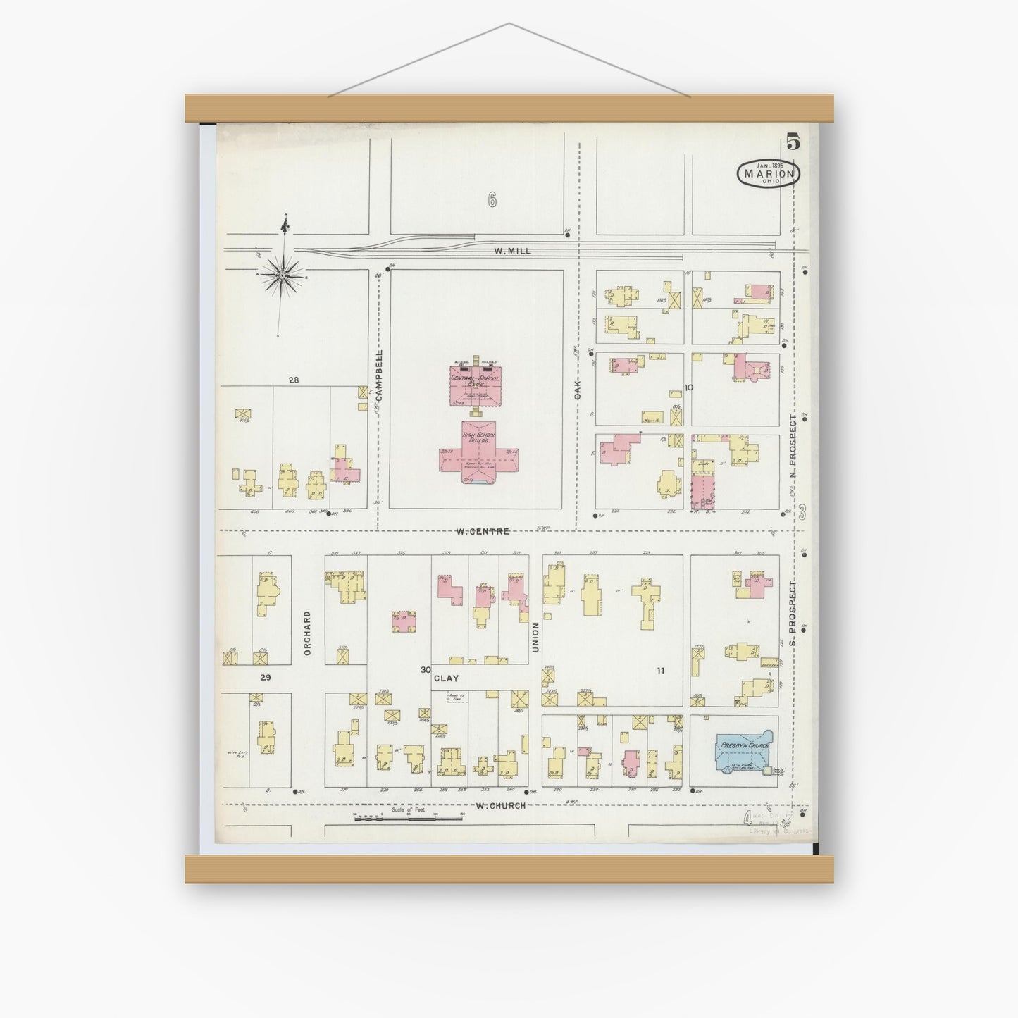 Old map wall art mockup — magnetic wood frame on white wall — Sanborn Fire Insurance Map from Marion, Marion County, Ohio (1895), Sheet #0005