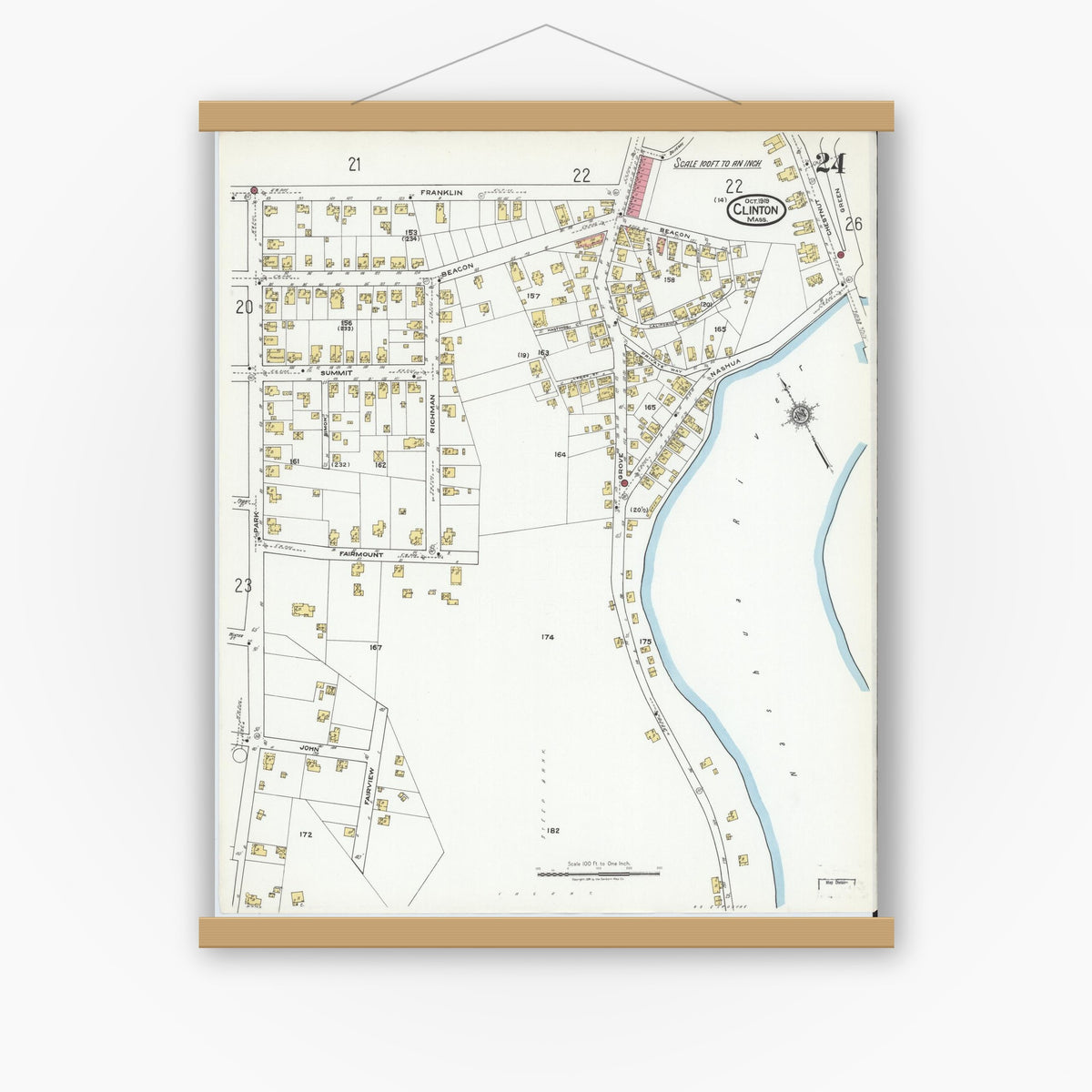 Old map wall art mockup — magnetic wood frame on white wall — Sanborn Fire Insurance Map from Clinton, Worcester County, Massachusetts (1919), Sheet #0024