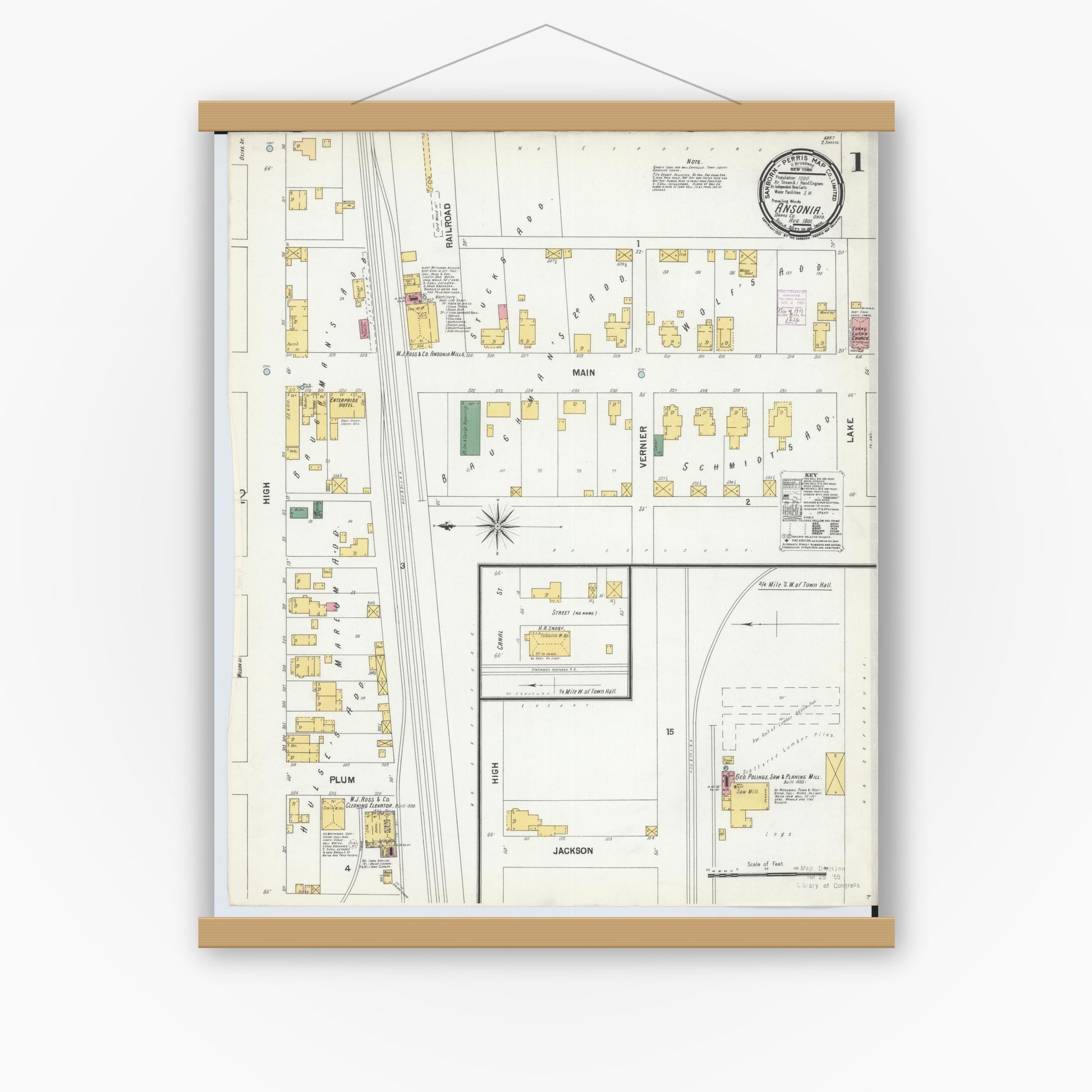 Old map wall art mockup — magnetic wood frame on white wall — Sanborn Fire Insurance Map from Ansonia, Darke County, Ohio (1901), Sheet #0001