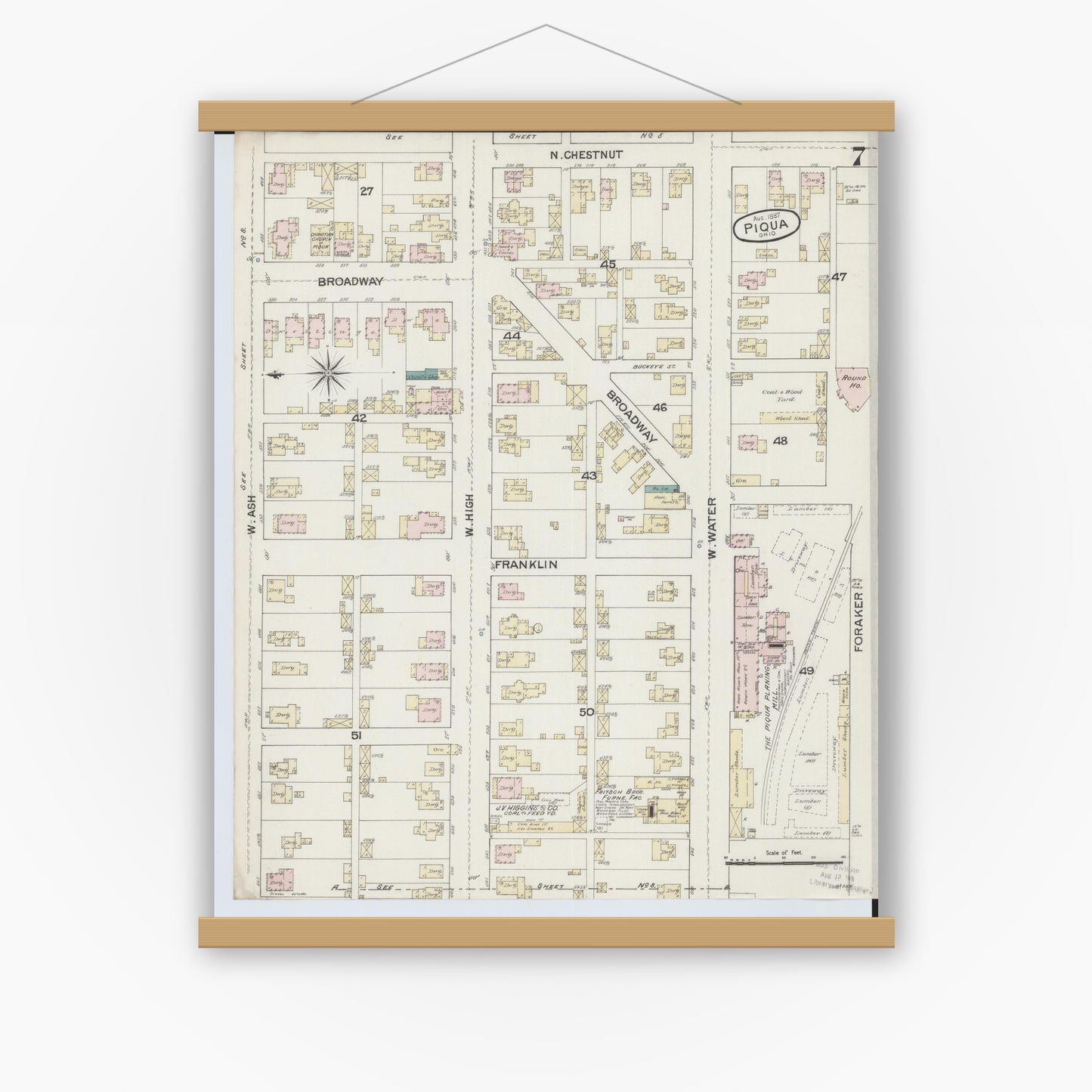 Old map wall art mockup — magnetic wood frame on white wall — Sanborn Fire Insurance Map from Piqua, Miami County, Ohio (1887), Sheet #0007