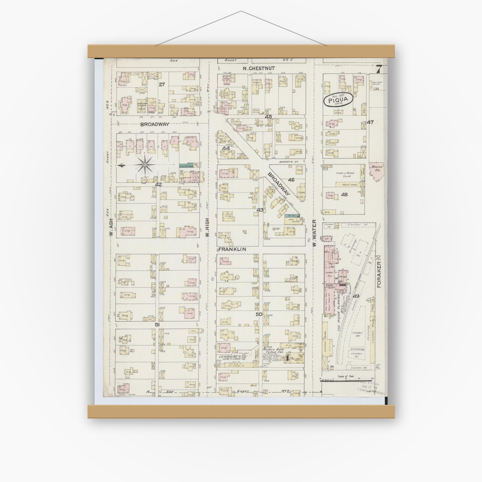Old map wall art mockup — magnetic wood frame on white wall — Sanborn Fire Insurance Map from Piqua, Miami County, Ohio (1887), Sheet #0007