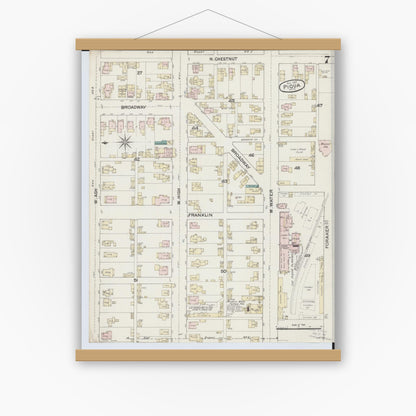 Old map wall art mockup — magnetic wood frame on white wall — Sanborn Fire Insurance Map from Piqua, Miami County, Ohio (1887), Sheet #0007