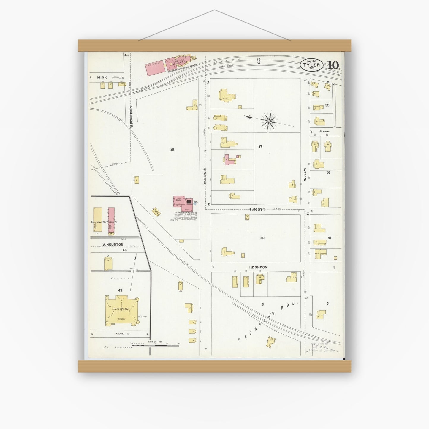 Old map wall art mockup — magnetic wood frame on white wall — Sanborn Fire Insurance Map from Tyler, Smith County, Texas (1902), Sheet #0010