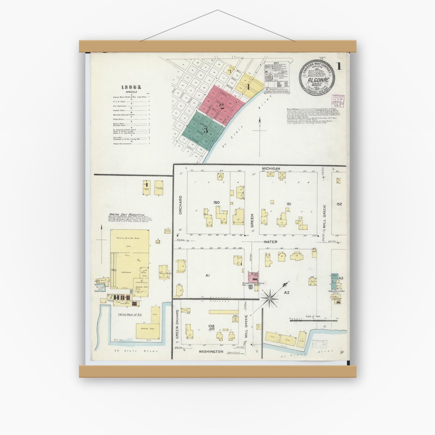 Old map wall art mockup — magnetic wood frame on white wall — Sanborn Fire Insurance Map from Algonac, Saint Clair County, Michigan (1907) - Complete Map Set