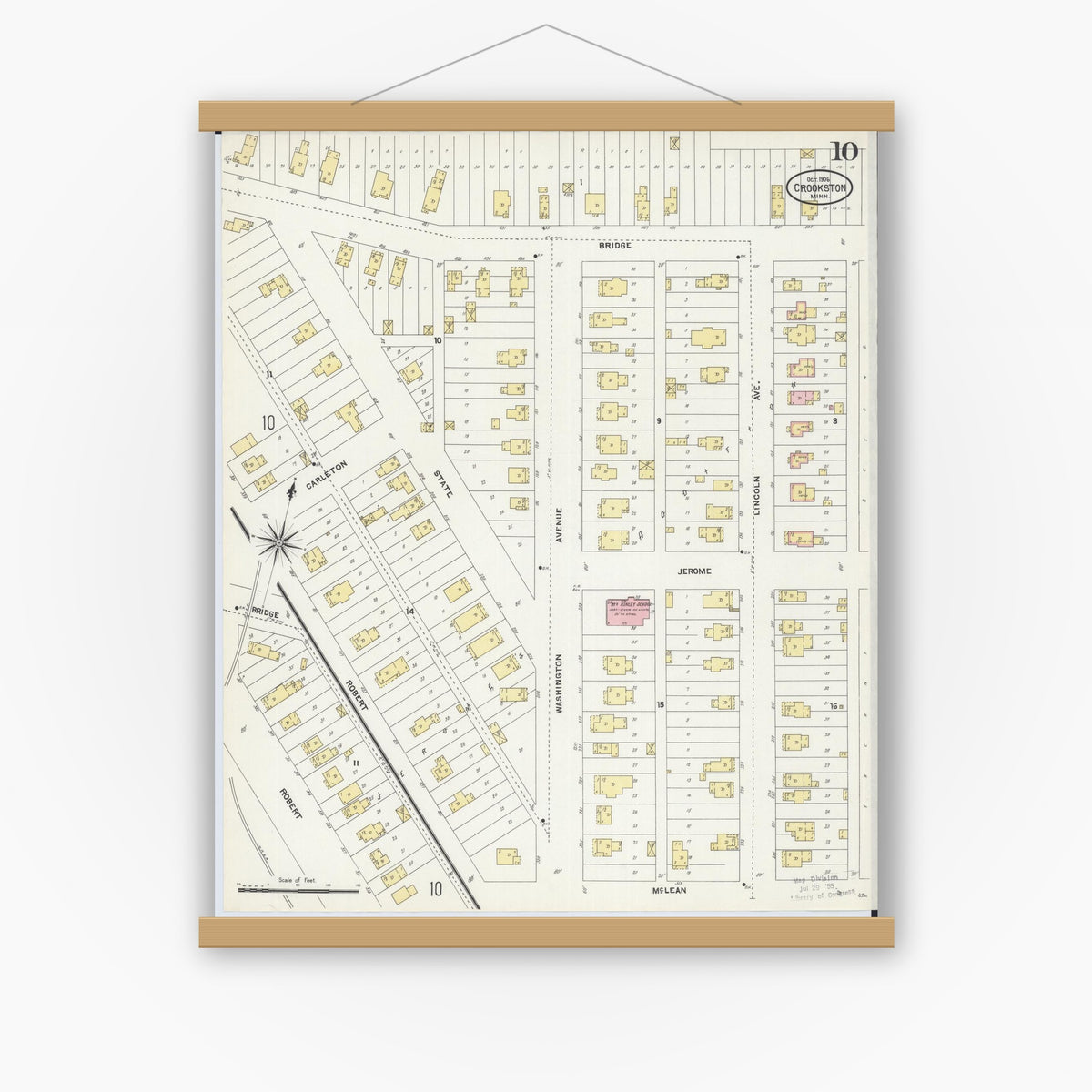Old map wall art mockup — magnetic wood frame on white wall — Sanborn Fire Insurance Map from Crookston, Polk County, Minnesota (1906), Sheet #0010