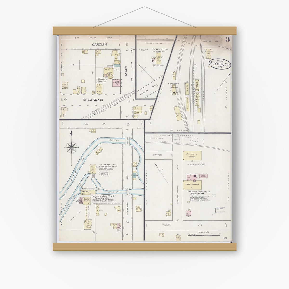 Old map wall art mockup — magnetic wood frame on white wall — Sanborn Fire Insurance Map from Plymouth, Sheboygan County, Wisconsin (1887), Sheet #0003
