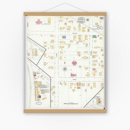 Old map wall art mockup — magnetic wood frame on white wall — Sanborn Fire Insurance Map from Warren, Trumbull County, Ohio (1908), Sheet #0033