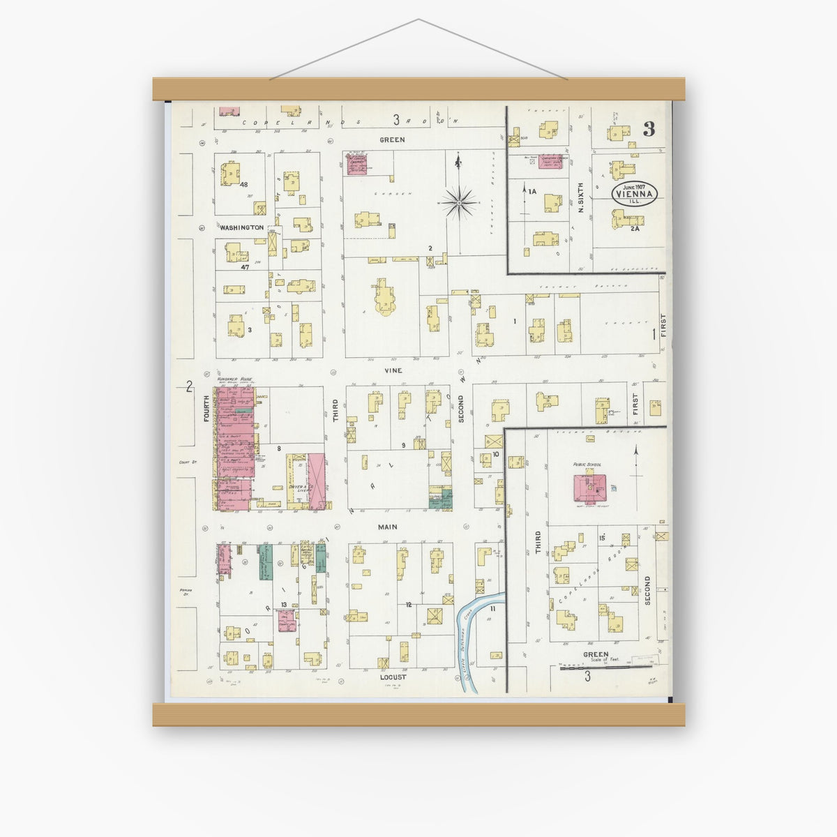 Old map wall art mockup — magnetic wood frame on white wall — Sanborn Fire Insurance Map from Vienna, Johnson County, Illinois (1907), Sheet #0003