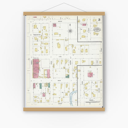 Old map wall art mockup — magnetic wood frame on white wall — Sanborn Fire Insurance Map from Vienna, Johnson County, Illinois (1907), Sheet #0003
