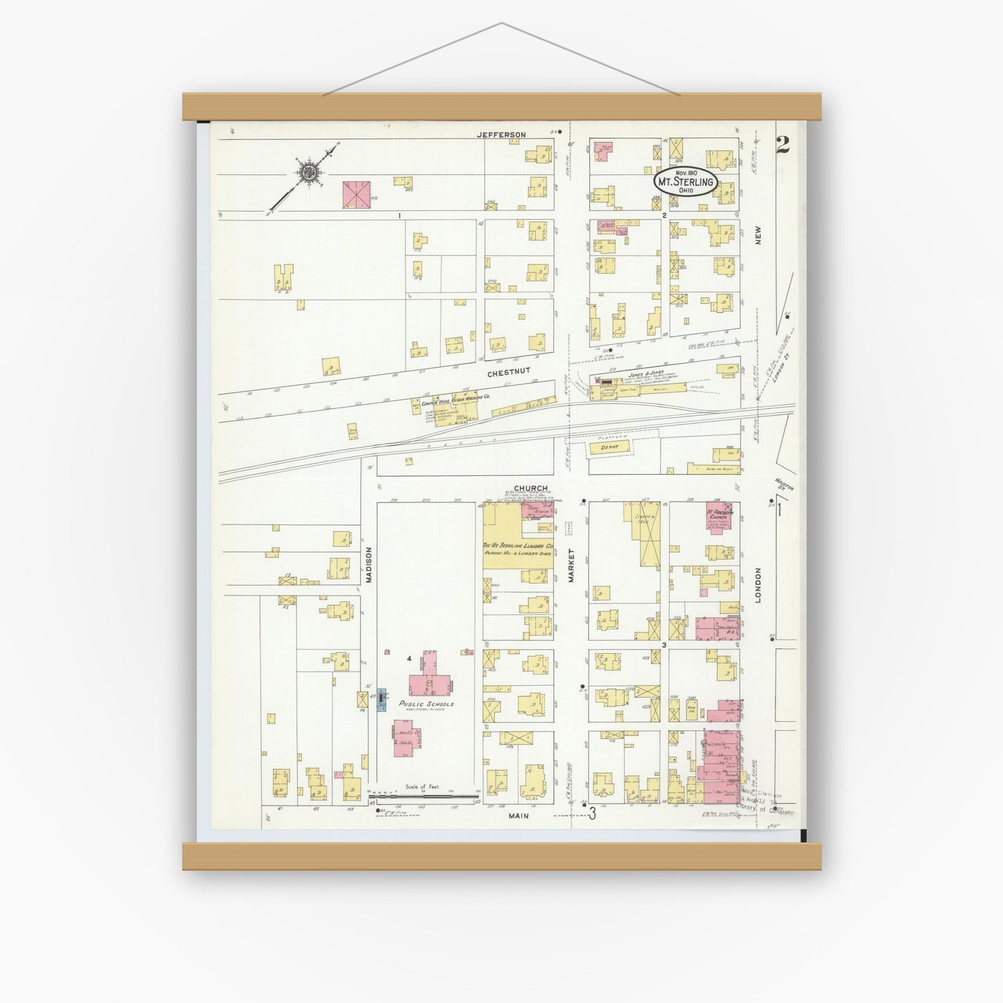 Old map wall art mockup — magnetic wood frame on white wall — Sanborn Fire Insurance Map from Mount Sterling, Madison County, Ohio (1910), Sheet #0002
