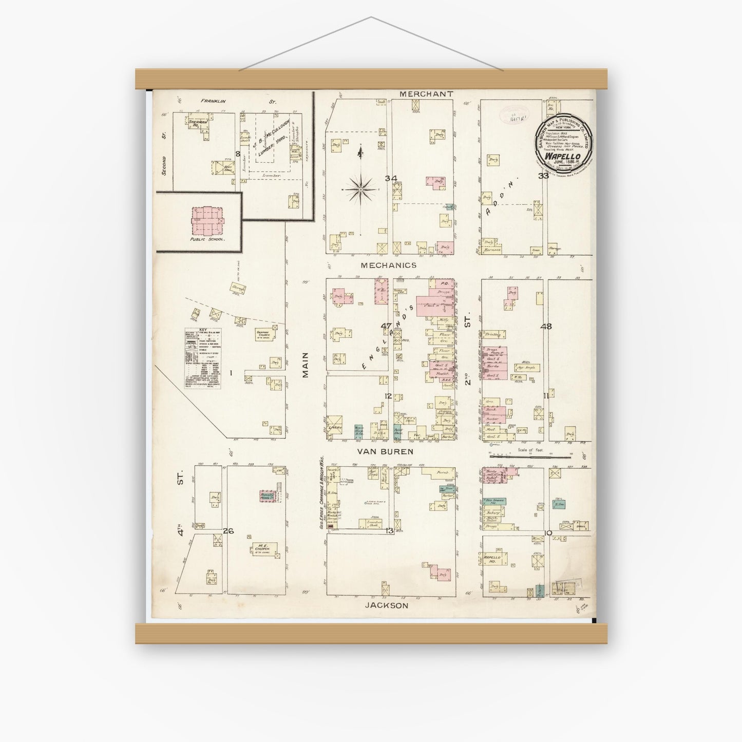Old map wall art mockup — magnetic wood frame on white wall — Sanborn Fire Insurance Map from Wapello, Louisa County, Iowa (1886), Sheet #0001
