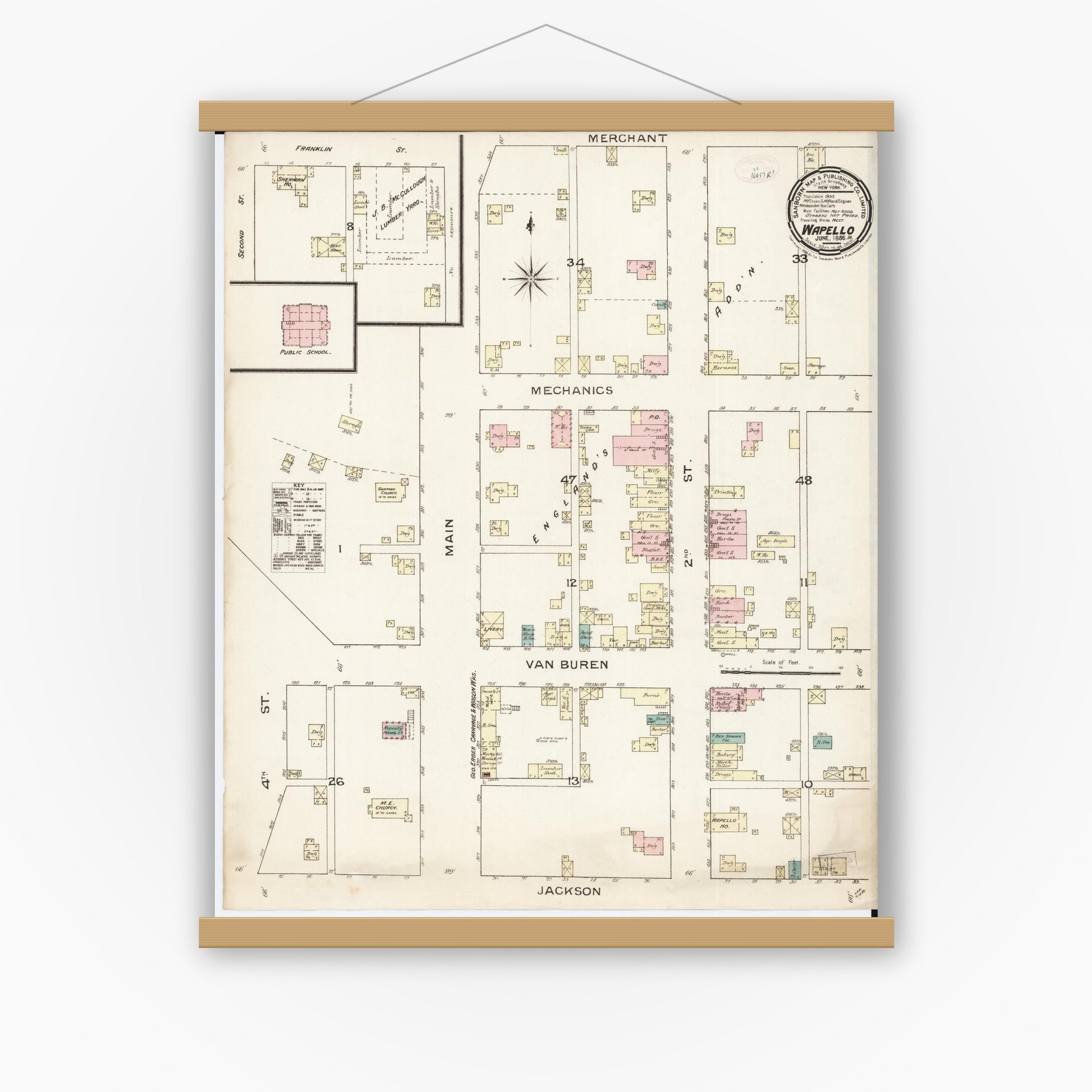 Old map wall art mockup — magnetic wood frame on white wall — Sanborn Fire Insurance Map from Wapello, Louisa County, Iowa (1886), Sheet #0001