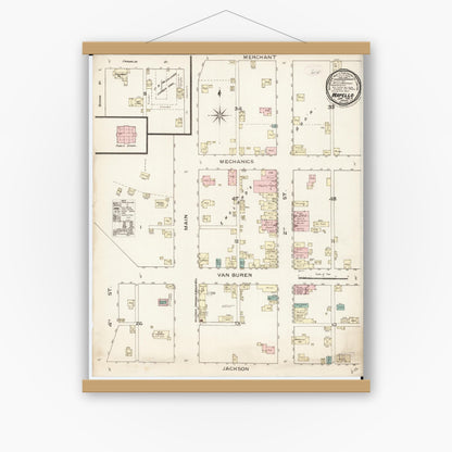 Old map wall art mockup — magnetic wood frame on white wall — Sanborn Fire Insurance Map from Wapello, Louisa County, Iowa (1886), Sheet #0001