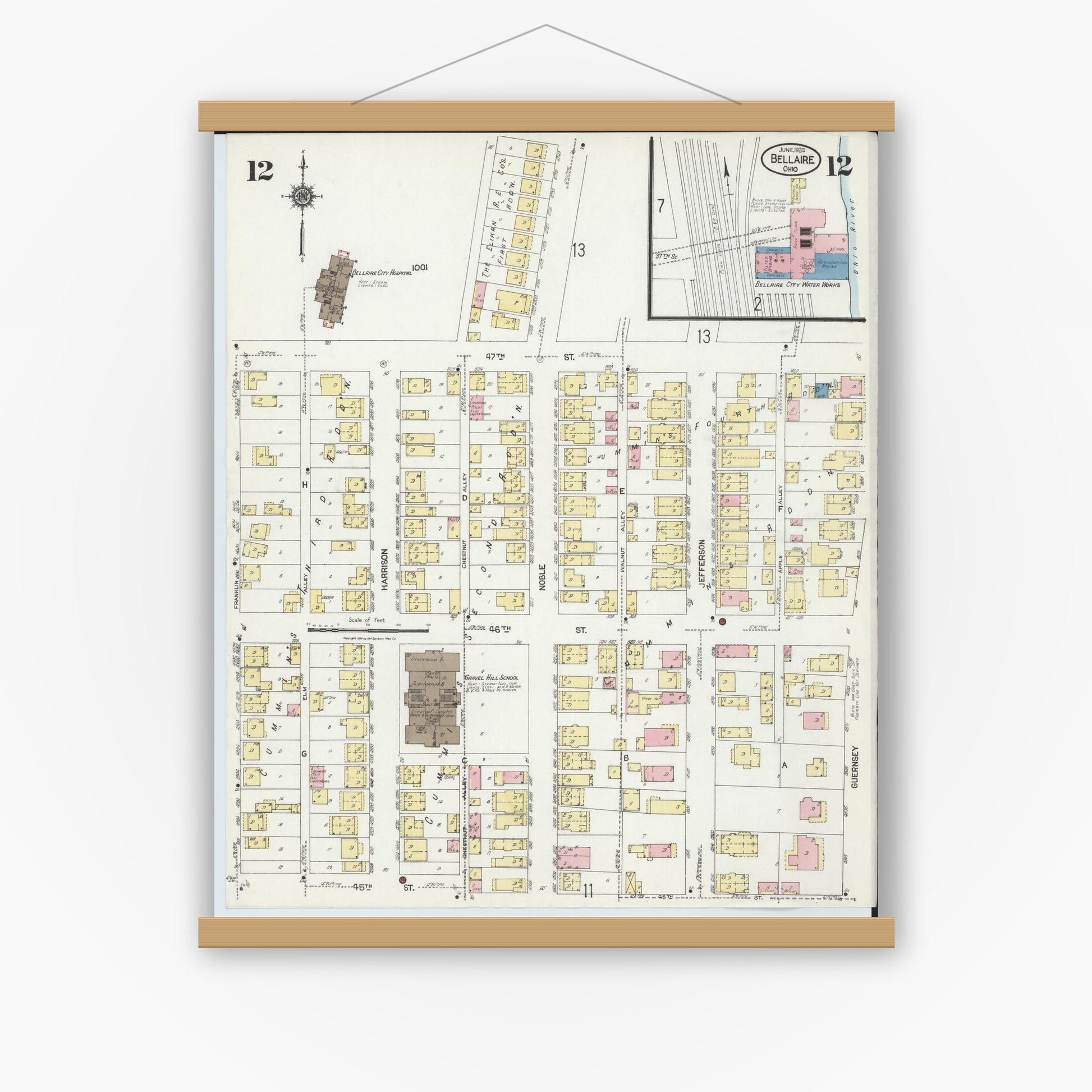 Old map wall art mockup — magnetic wood frame on white wall — Sanborn Fire Insurance Map from Bellaire, Belmont County, Ohio (1924), Sheet #0012