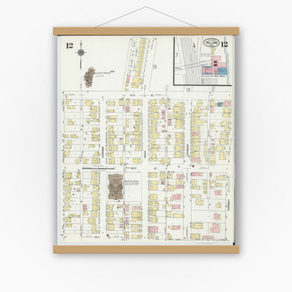 Old map wall art mockup — magnetic wood frame on white wall — Sanborn Fire Insurance Map from Bellaire, Belmont County, Ohio (1924), Sheet #0012