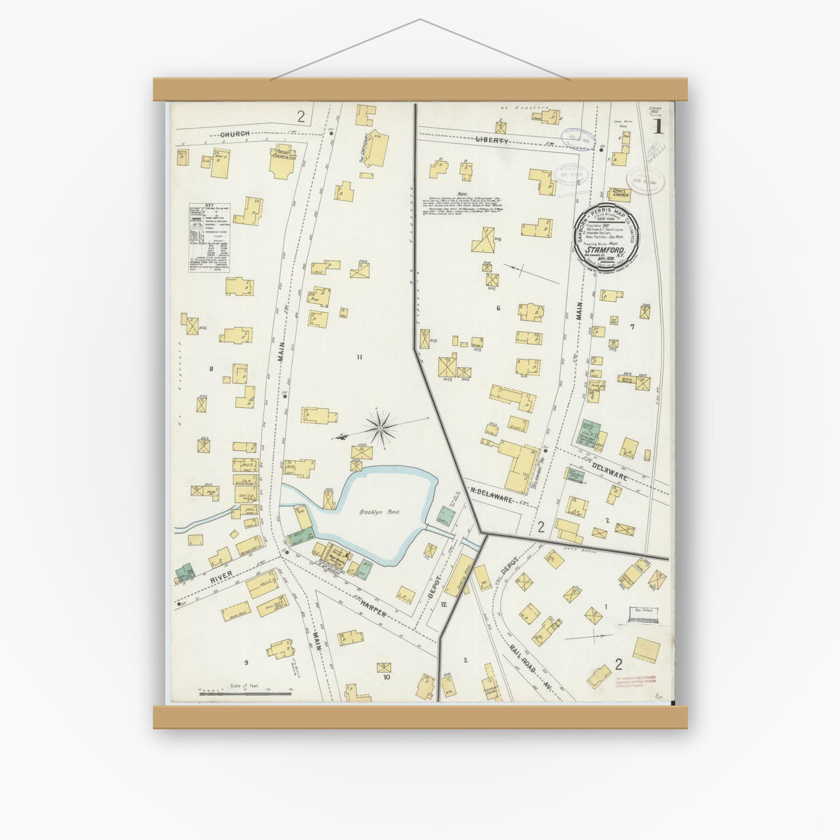 Old map wall art mockup — magnetic wood frame on white wall — Sanborn Fire Insurance Map from Stamford, Delaware County, New York (1898) - Complete Map Set
