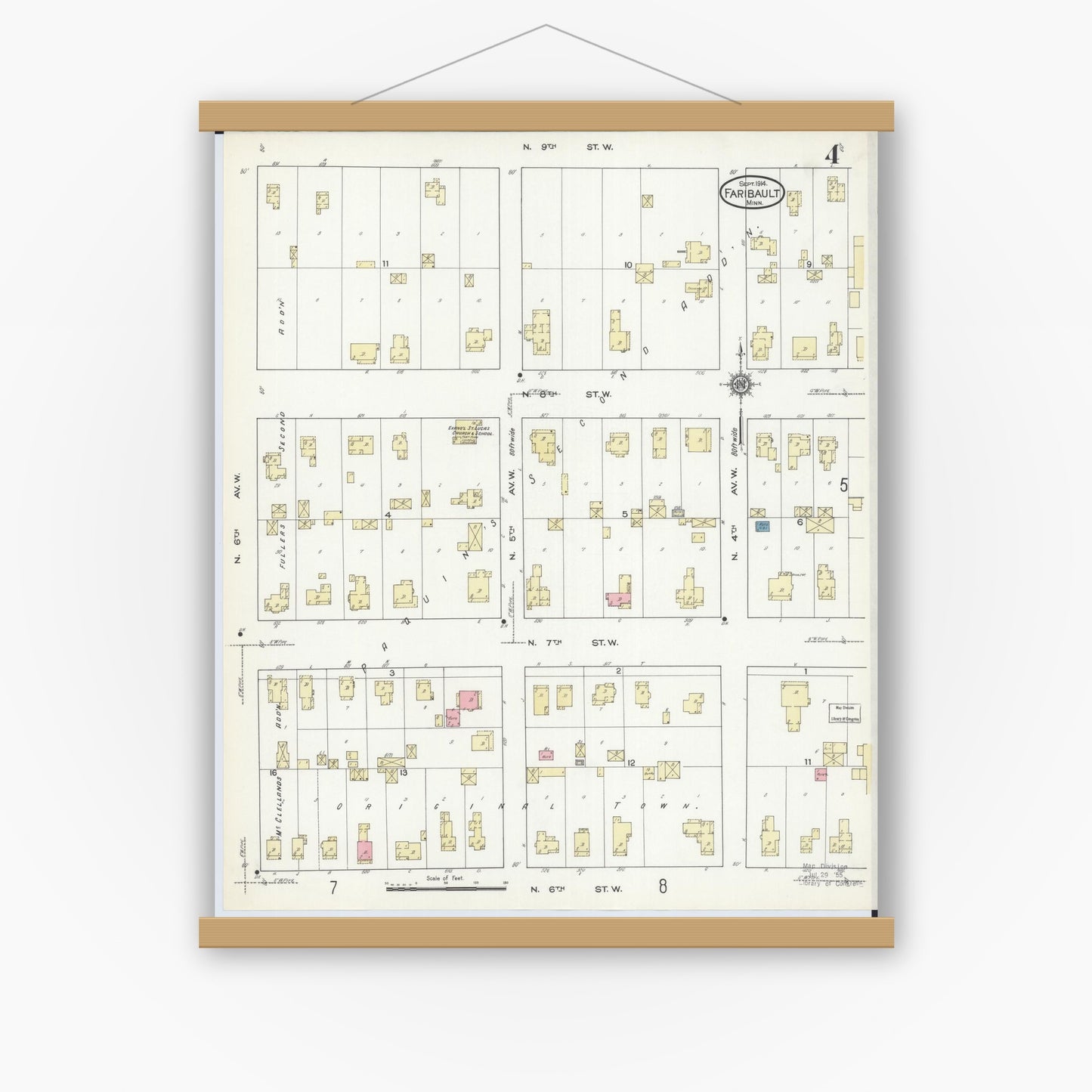 Old map wall art mockup — magnetic wood frame on white wall — Sanborn Fire Insurance Map from Faribault, Rice County, Minnesota (1914), Sheet #0004