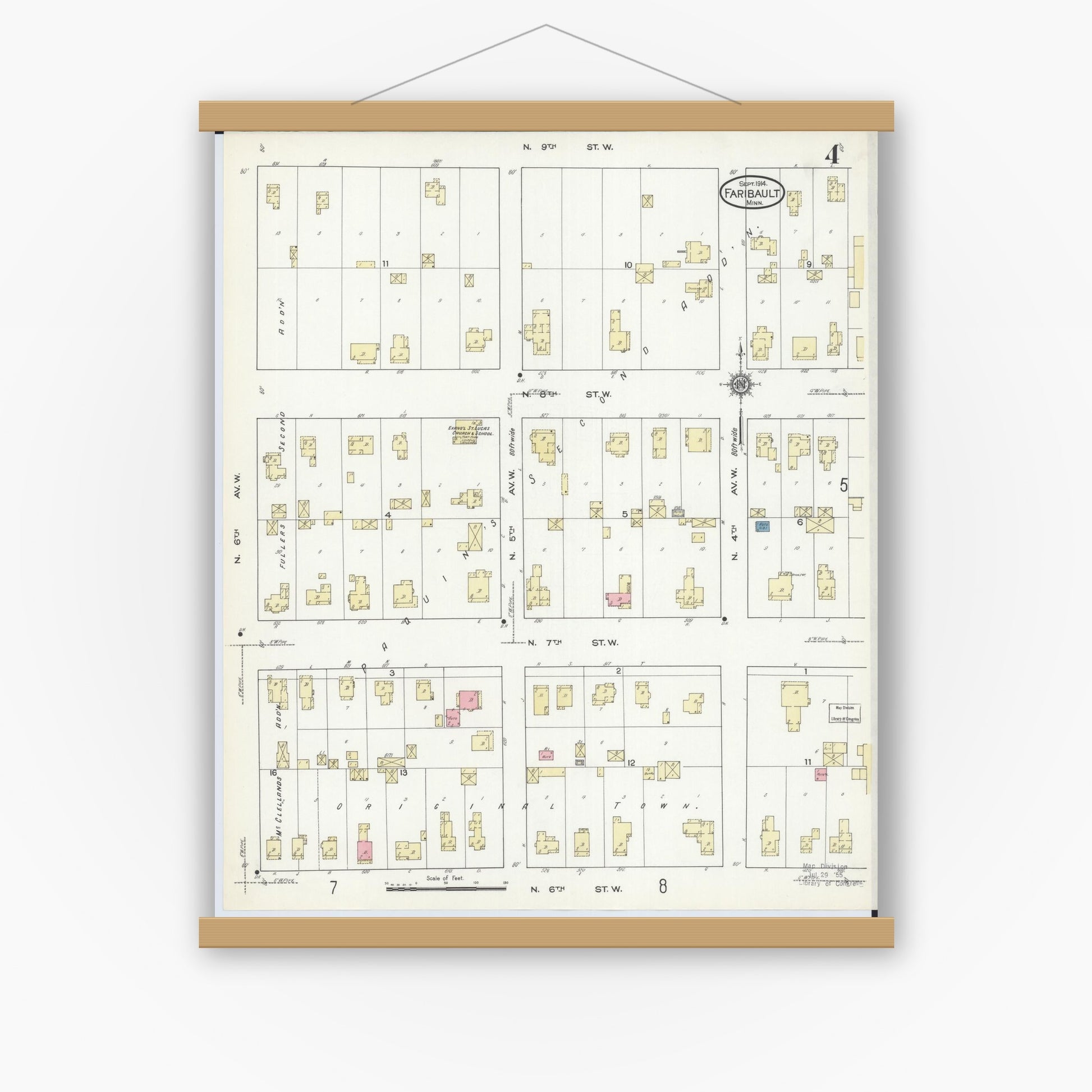 Old map wall art mockup — magnetic wood frame on white wall — Sanborn Fire Insurance Map from Faribault, Rice County, Minnesota (1914), Sheet #0004
