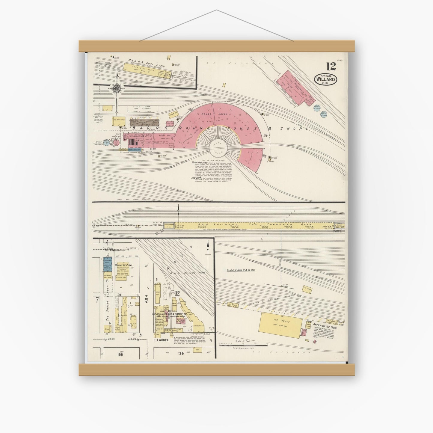 Old map wall art mockup — magnetic wood frame on white wall — Sanborn Fire Insurance Map from Willard, Huron County, Ohio (1922), Sheet #0012