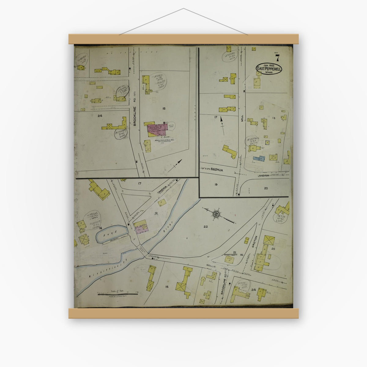 Old map wall art mockup — magnetic wood frame on white wall — Sanborn Fire Insurance Map from East Pepperell, Middlesex County, Massachusetts (1953), Sheet #0007