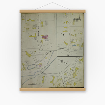 Old map wall art mockup — magnetic wood frame on white wall — Sanborn Fire Insurance Map from East Pepperell, Middlesex County, Massachusetts (1953), Sheet #0007