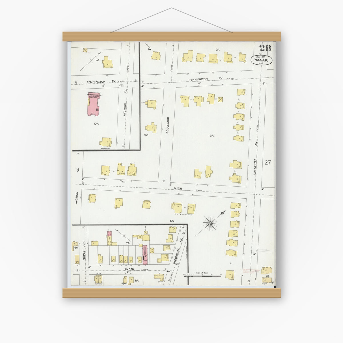 Old map wall art mockup — magnetic wood frame on white wall — Sanborn Fire Insurance Map from Passaic, Passaic County, New Jersey (1899), Sheet #0028