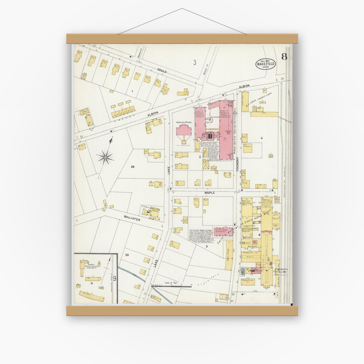Old map wall art mockup — magnetic wood frame on white wall — Sanborn Fire Insurance Map from Wakefield, Middlesex County, Massachusetts (1903), Sheet #0008