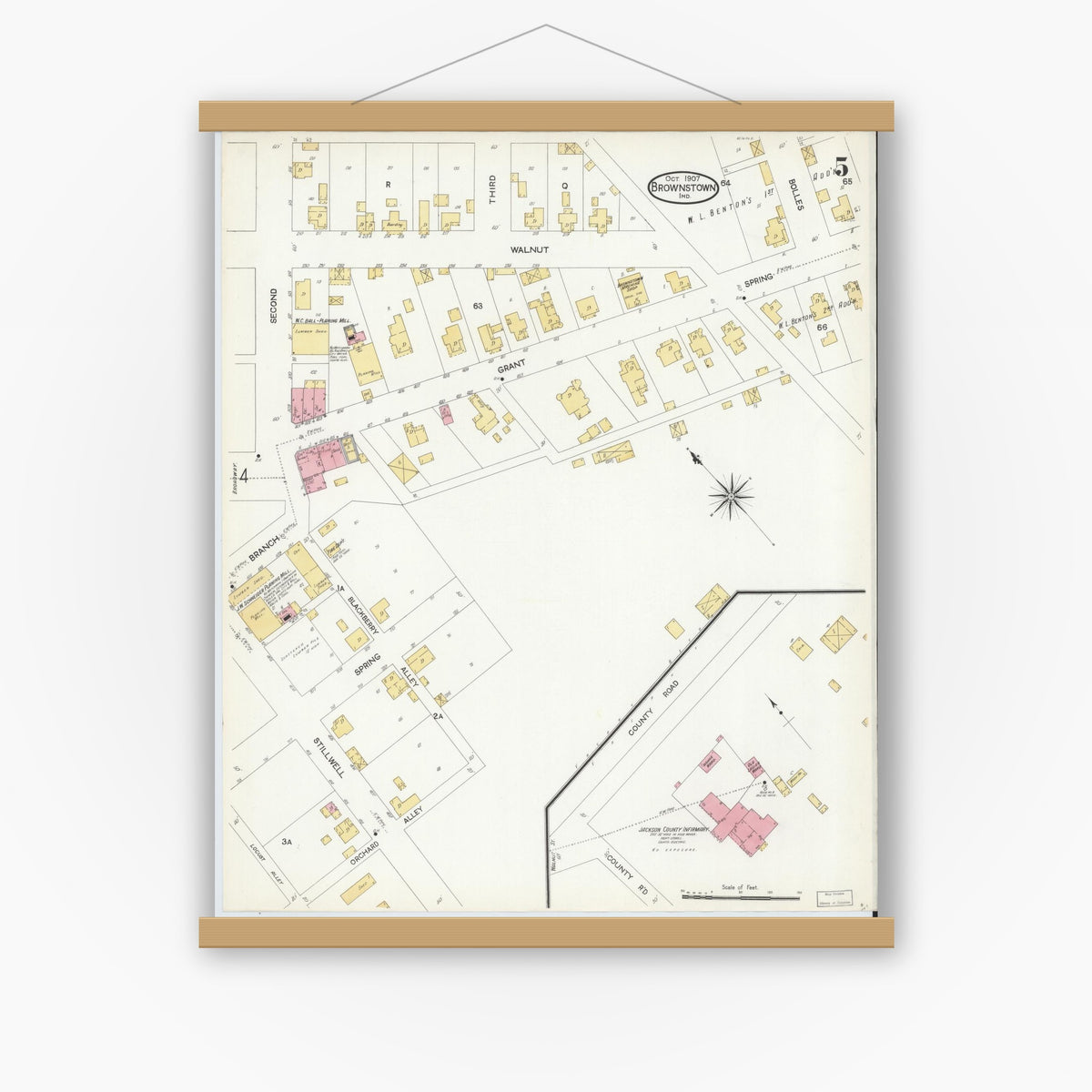 Old map wall art mockup — magnetic wood frame on white wall — Sanborn Fire Insurance Map from Brownstown, Jackson County, Indiana (1907), Sheet #0005