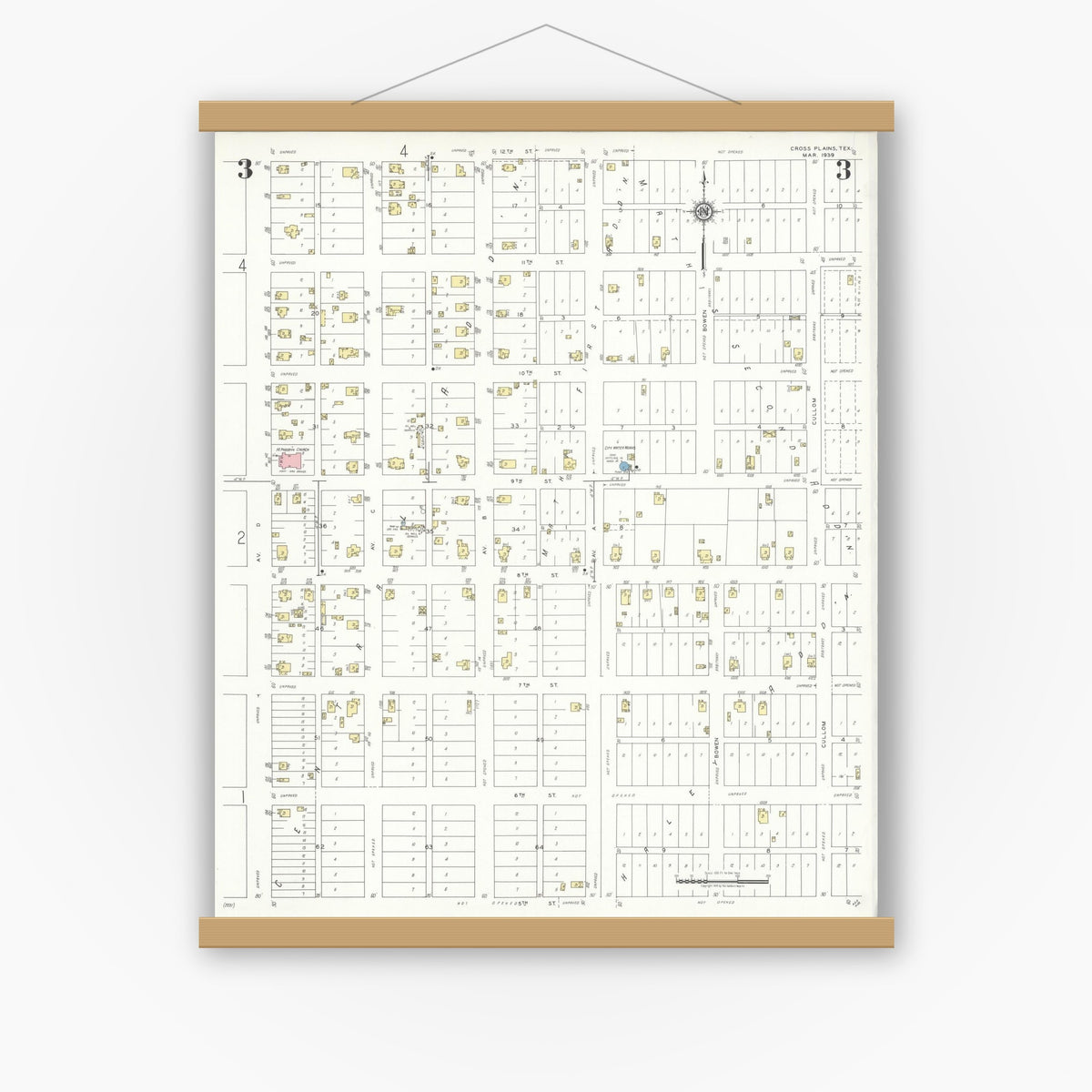 Old map wall art mockup — magnetic wood frame on white wall — Sanborn Fire Insurance Map from Cross Plains, Callahan County, Texas (1939), Sheet #0003