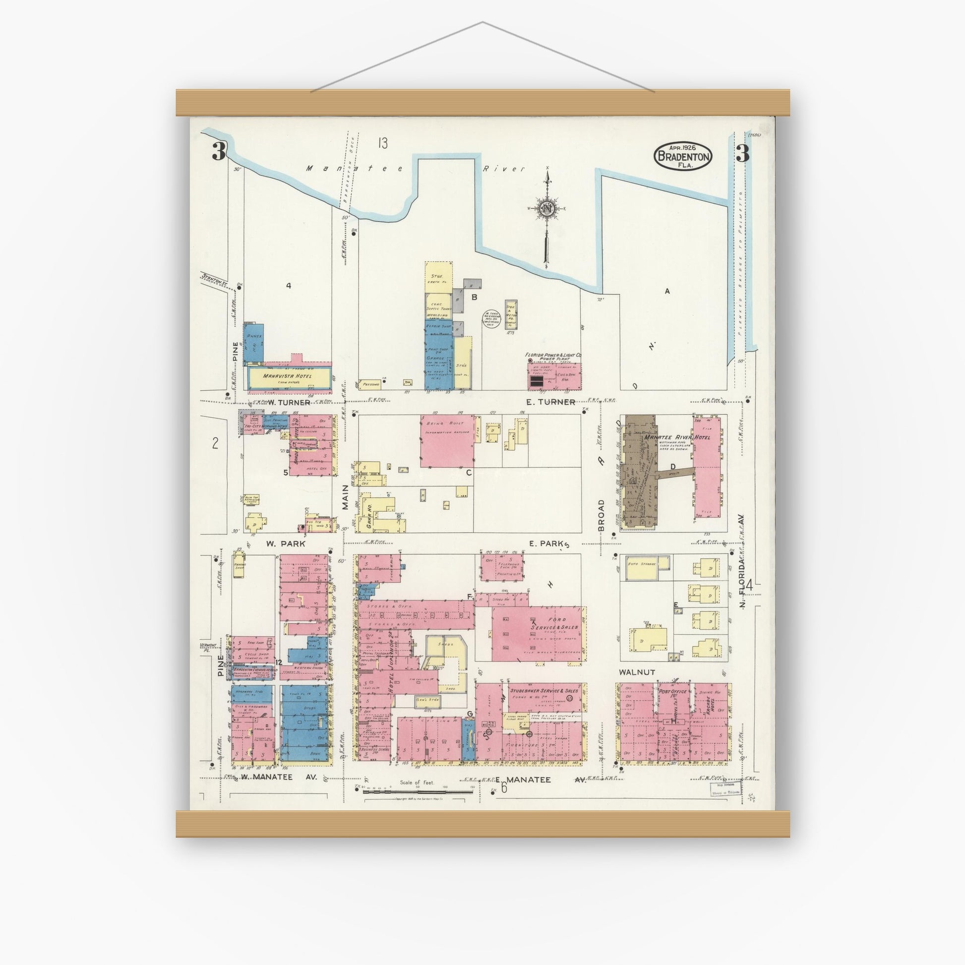 Old map wall art mockup — magnetic wood frame on white wall — Sanborn Fire Insurance Map from Bradentown, Manatee County, Florida (1926), Sheet #0003