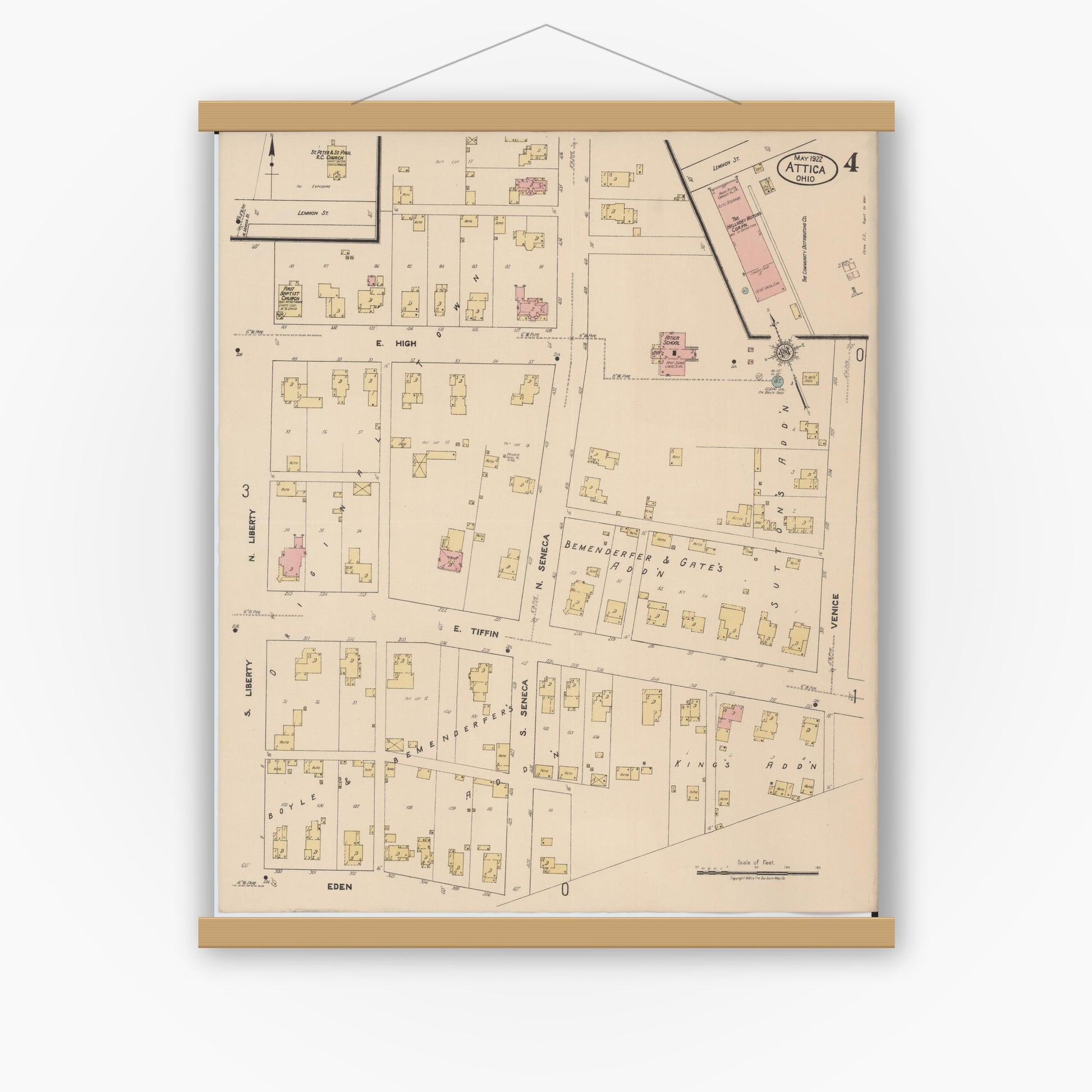 Old map wall art mockup — magnetic wood frame on white wall — Sanborn Fire Insurance Map from Attica, Seneca County, Ohio (1922), Sheet #0004