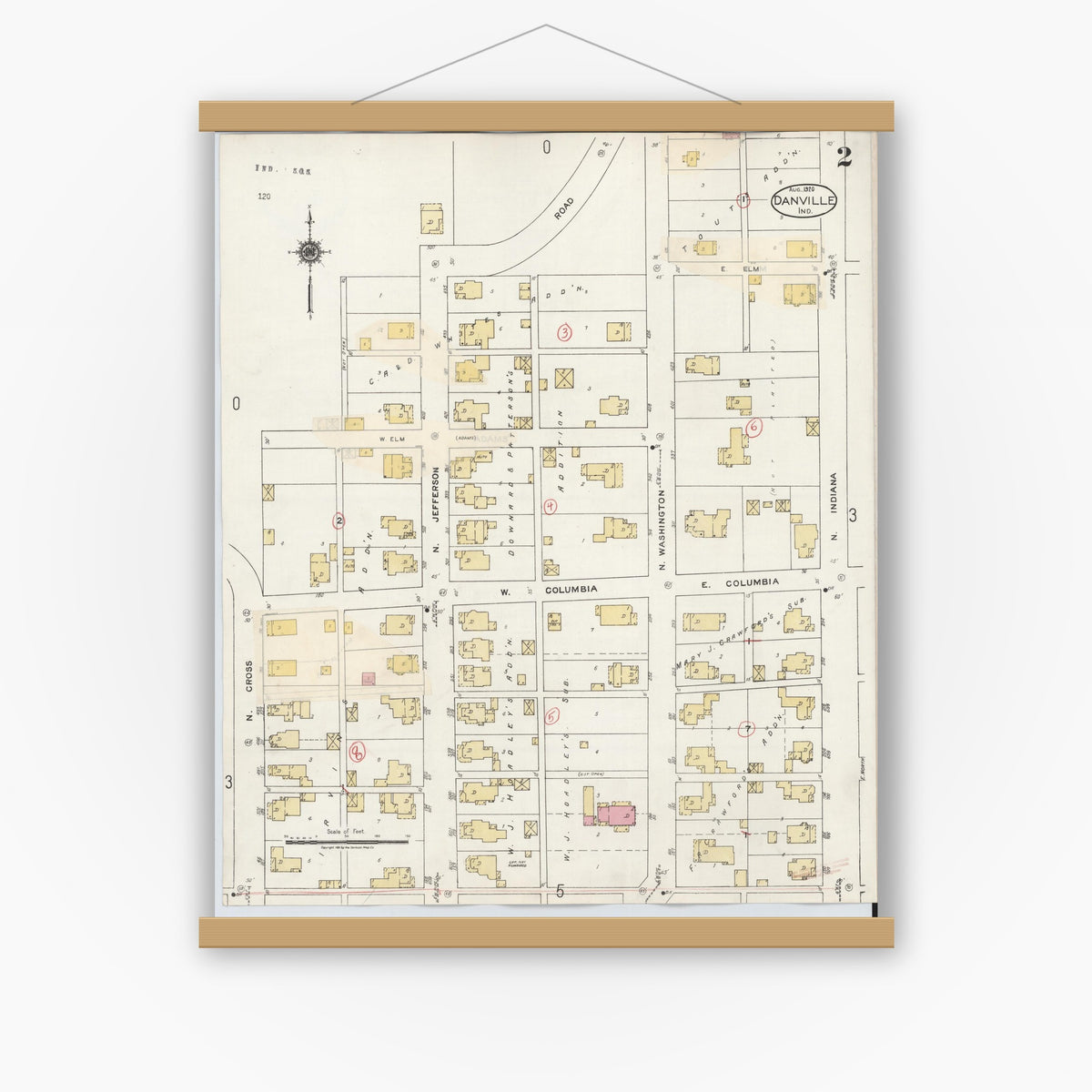 Old map wall art mockup — magnetic wood frame on white wall — Sanborn Fire Insurance Map from Danville, Hendricks County, Indiana (1932), Sheet #0002