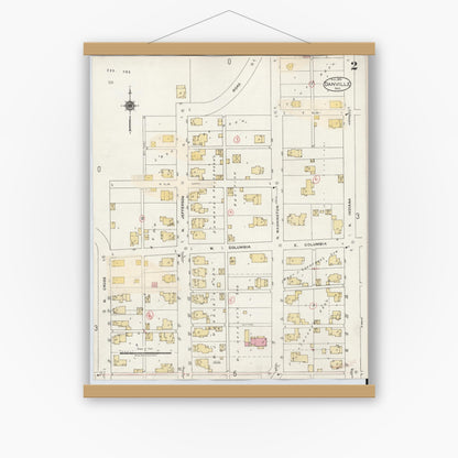 Old map wall art mockup — magnetic wood frame on white wall — Sanborn Fire Insurance Map from Danville, Hendricks County, Indiana (1932), Sheet #0002