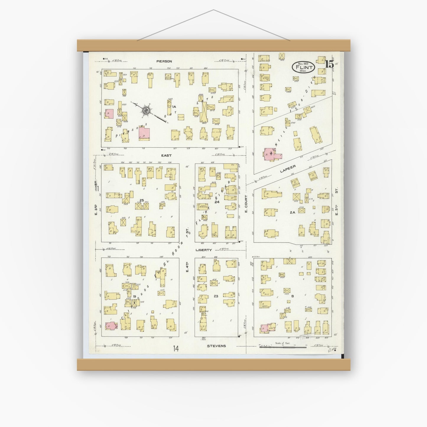 Old map wall art mockup — magnetic wood frame on white wall — Sanborn Fire Insurance Map from Flint, Genesee County, Michigan (1909), Sheet #0015