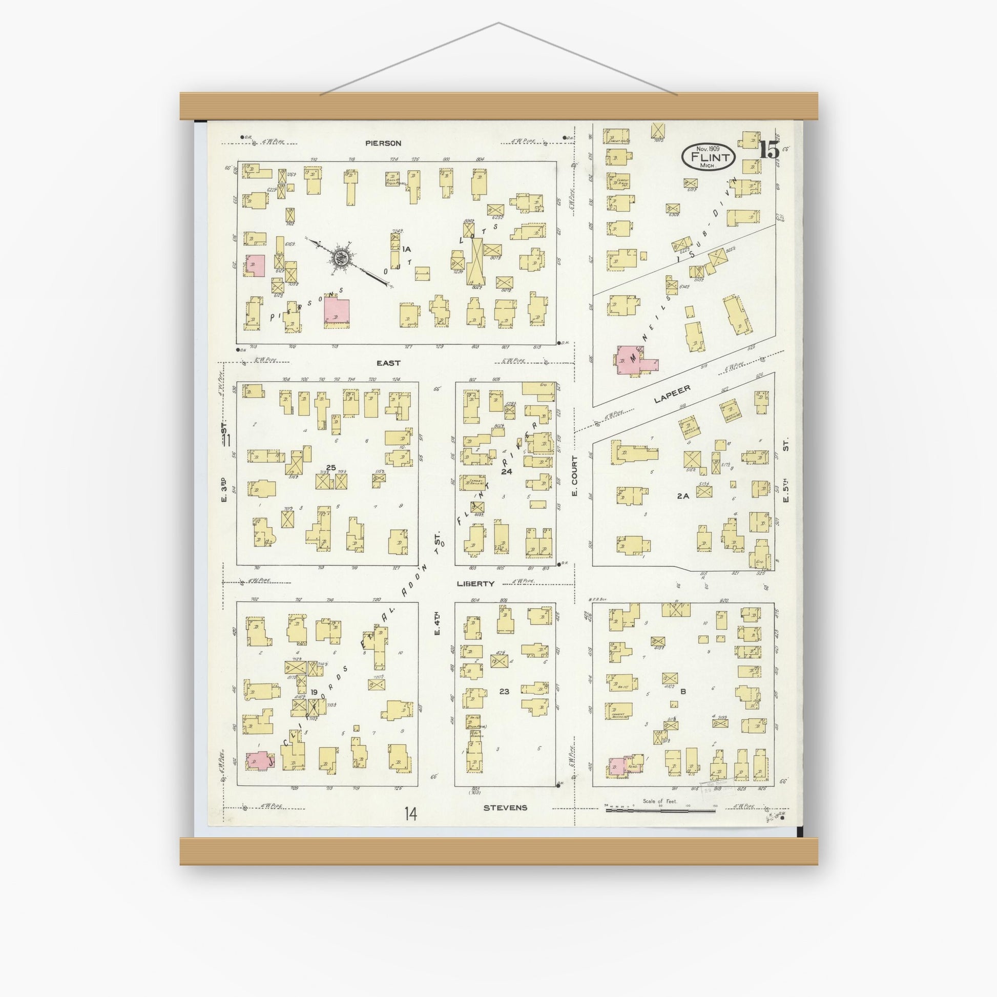 Old map wall art mockup — magnetic wood frame on white wall — Sanborn Fire Insurance Map from Flint, Genesee County, Michigan (1909), Sheet #0015