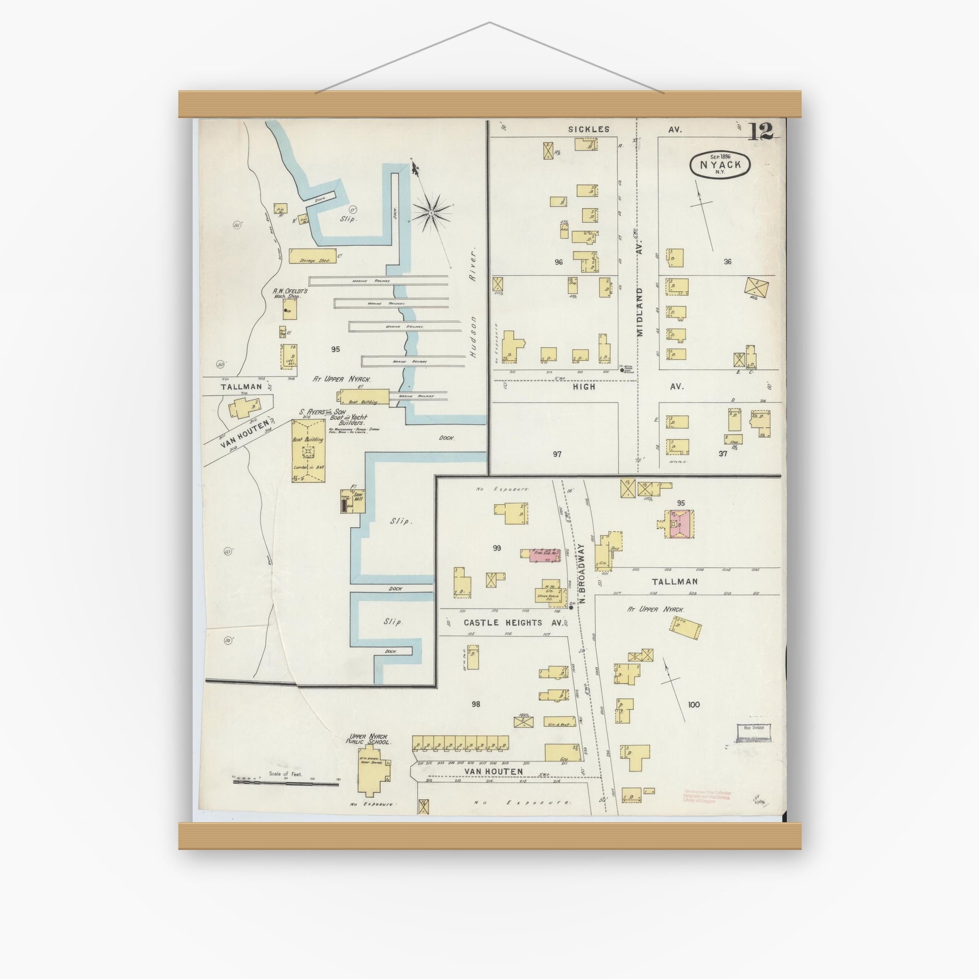 Old map wall art mockup — magnetic wood frame on white wall — Sanborn Fire Insurance Map from Nyack, Rockland County, New York. (1896), Sheet #0012