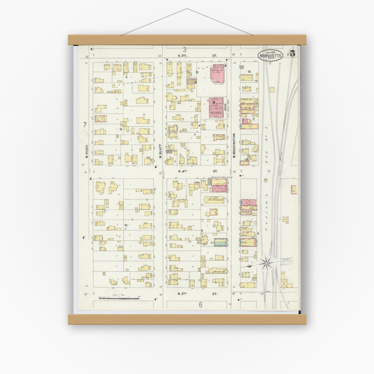 Old map wall art mockup — magnetic wood frame on white wall — Sanborn Fire Insurance Map from Marquette, Marquette County, Michigan (1897), Sheet #0005