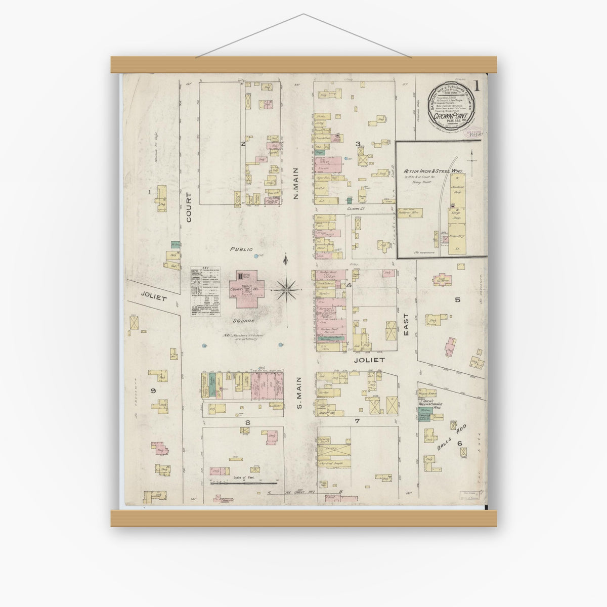 Old map wall art mockup — magnetic wood frame on white wall — Sanborn Fire Insurance Map from Crown Point, Lake County, Indiana (1886) - Complete Map Set