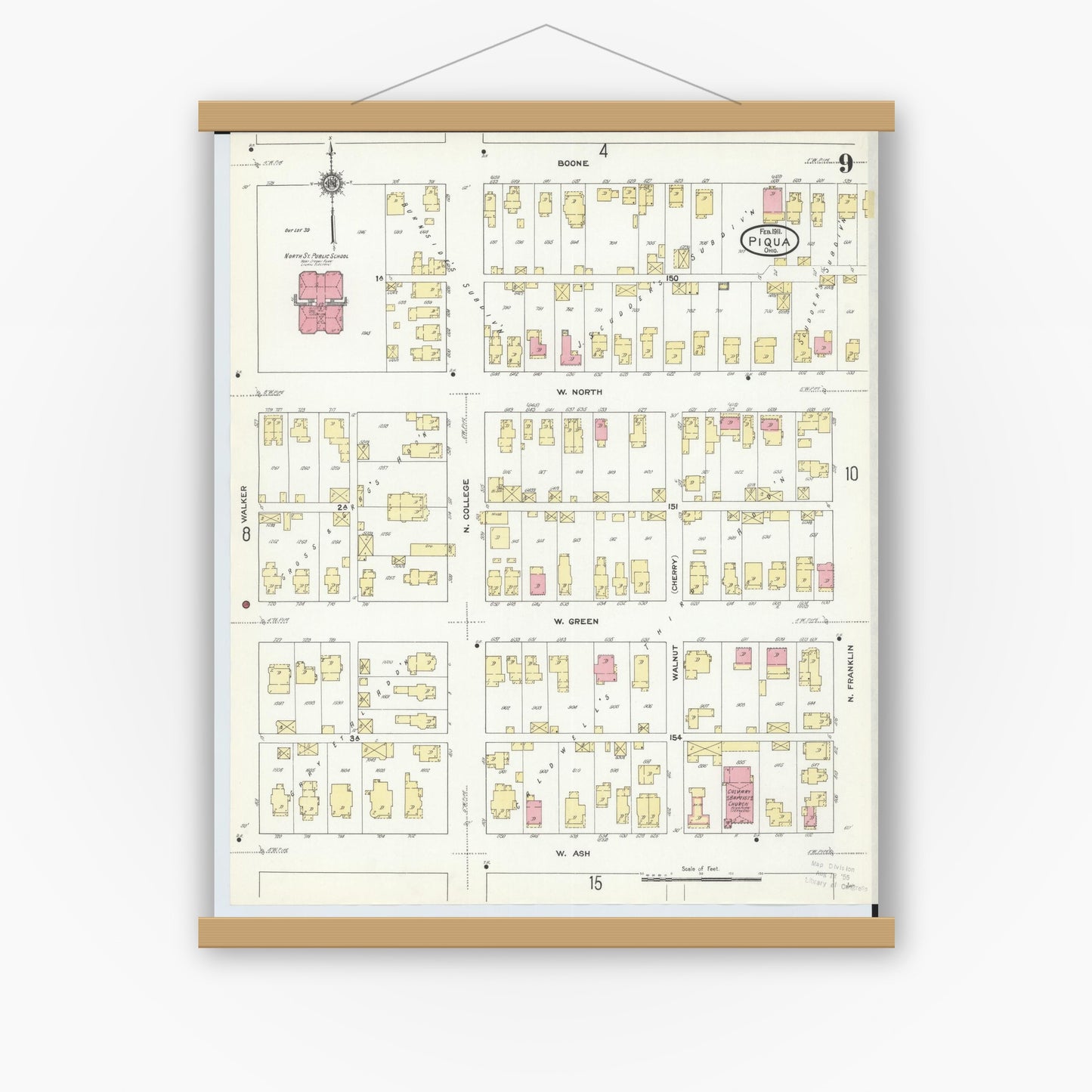 Old map wall art mockup — magnetic wood frame on white wall — Sanborn Fire Insurance Map from Piqua, Miami County, Ohio (1911), Sheet #0009