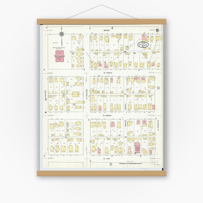 Old map wall art mockup — magnetic wood frame on white wall — Sanborn Fire Insurance Map from Piqua, Miami County, Ohio (1911), Sheet #0009