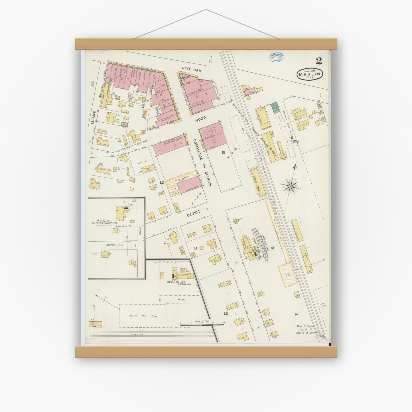 Old map wall art mockup — magnetic wood frame on white wall — Sanborn Fire Insurance Map from Marlin, Falls County, Texas (1894), Sheet #0002