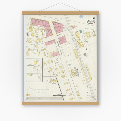 Old map wall art mockup — magnetic wood frame on white wall — Sanborn Fire Insurance Map from Marlin, Falls County, Texas (1894), Sheet #0002