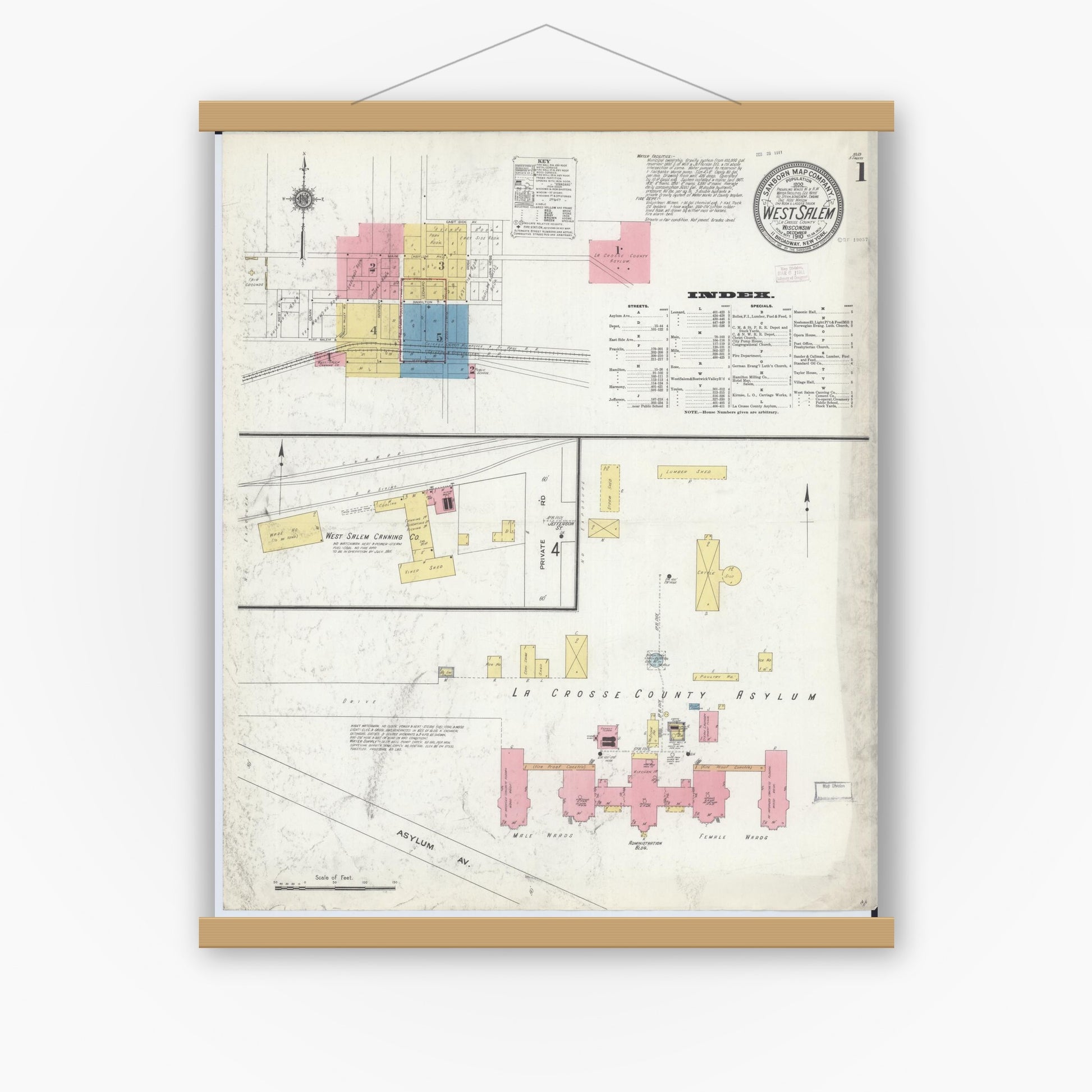 Old map wall art mockup — magnetic wood frame on white wall — Sanborn Fire Insurance Map from West Salem, La Crosse County, Wisconsin (1910) - Complete Map Set